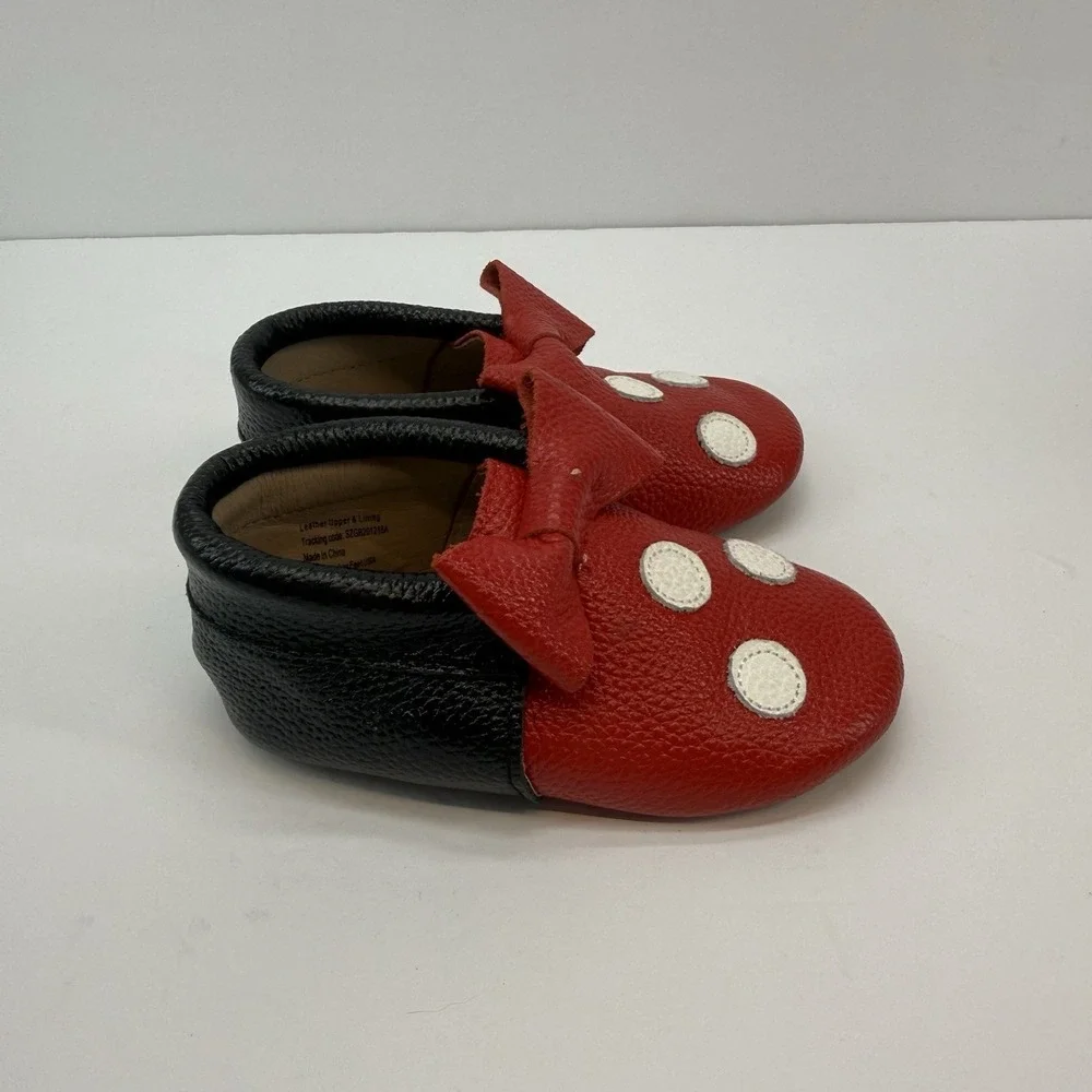 Disney‎ MONKEY FEET MICKEY MOUSE Red Leather Moccasins Shoes Size 12-18 Months